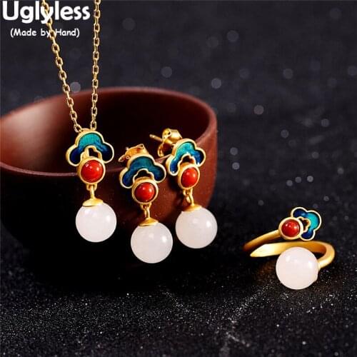 Uglyless Ethnic Lucky Clouds Jewelry Sets Women Enamel Ethnic Earrings Rings Necklaces NO Chains Jade Agate Pendants 925 Silver