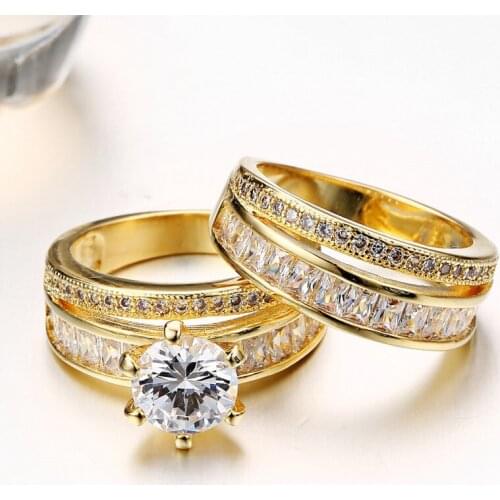High Quality Exquistie Yellow Gold Color Bridal Wedding Rings Set For Women Fashion Engagement Ring Sets Jewelry For Lady