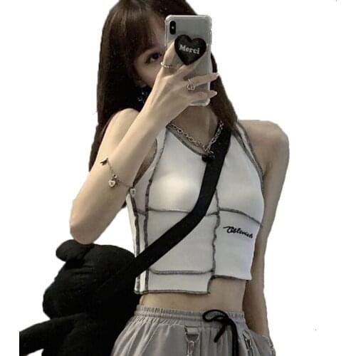 High Quality Heavy Industry Stitching Tooling Vest Summer Sleeveless Irregular Embroidery Knitted Tank Top Cool Girl Crop Top
