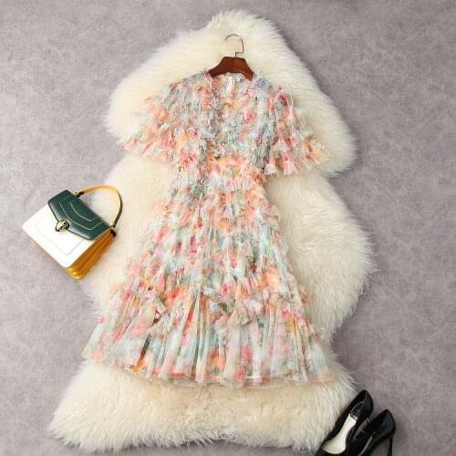 Europe and the United States womens clothing New Summer 2021 Shirt collar Fashion mesh print pleated dress