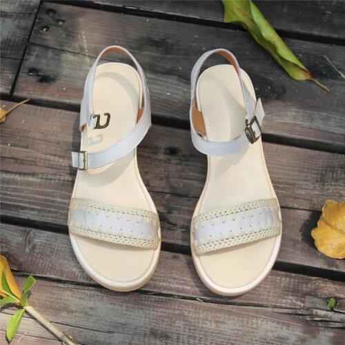 Womens Handmade Retro Leather Open Toe Knitting Platforms Gray/Coffee