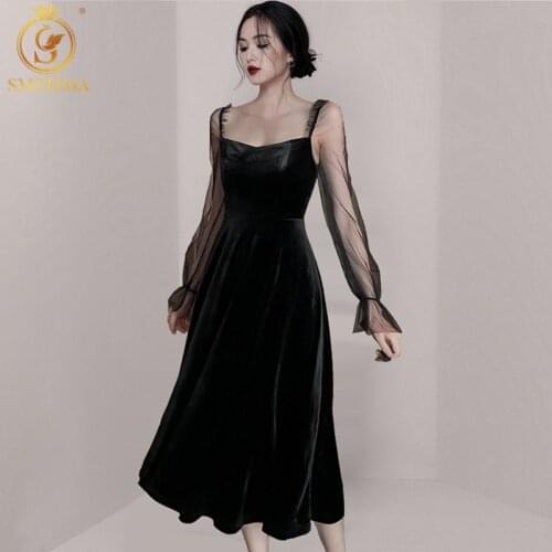SMTHMA 2021 New Spring Vintage Square Collar Mesh Patchwork Velvet Mid-Length Dress Sexy Backless Black Vestidos For Female