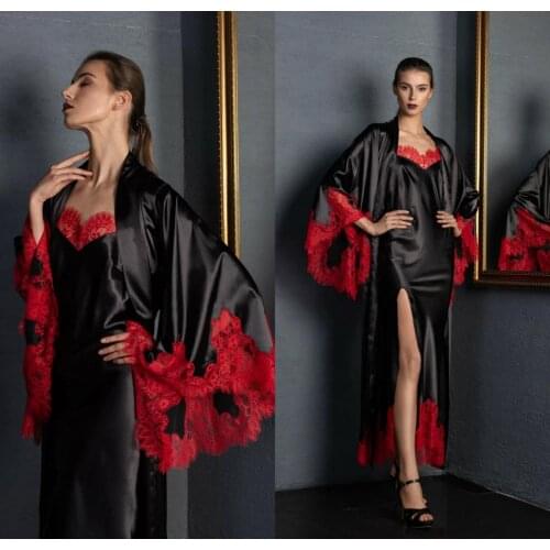 Two Pieces Long Lingerie Womens Ladies Bride Robes Kimono Robe Satin Silk Lace Night Wear Gown Sleepwear