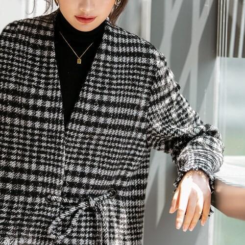 Winter and autumn coat women woman clothes 2019 winter Fashion black Tassels houndstooth wool mid-long plaid korean coat female