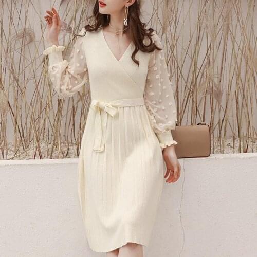 NORMOV Sweet Women Dress Autumn V Neck Longsleeve Chiffon Patchwork Dot Kintted Dress Soild With Bow Pleated Pullover Dress