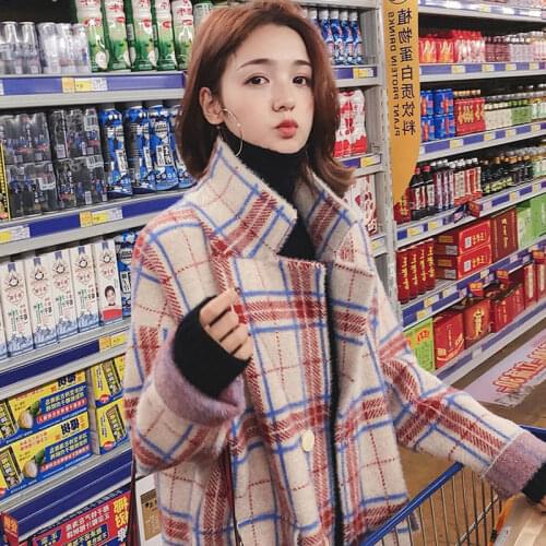 Heydress Womens Winter Long-sleeved Faux Mink Fur Coat Single Breasted Loose Jacket Plaid Knit Coat Sweater Cardigan Outerwear