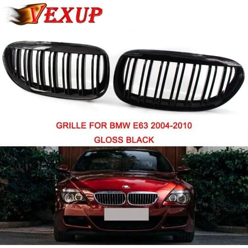 1Pair Gloss Black Double Slat Front Bumper Kidney Grill Grille For BMW 6 Series E63 E64 M6 2004 05 06 07 08 2009 2010 ABS