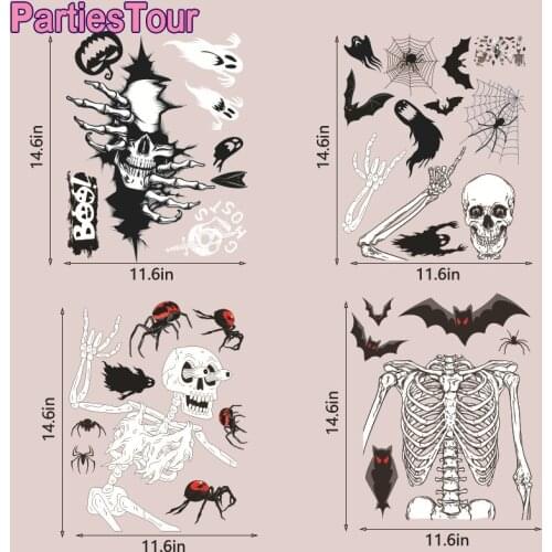 4 Sheets Halloween Skull Skeleton Window Clings Sticker Decor Skeleton Bats Spider for Windows Glass Walls Halloween Party Decor