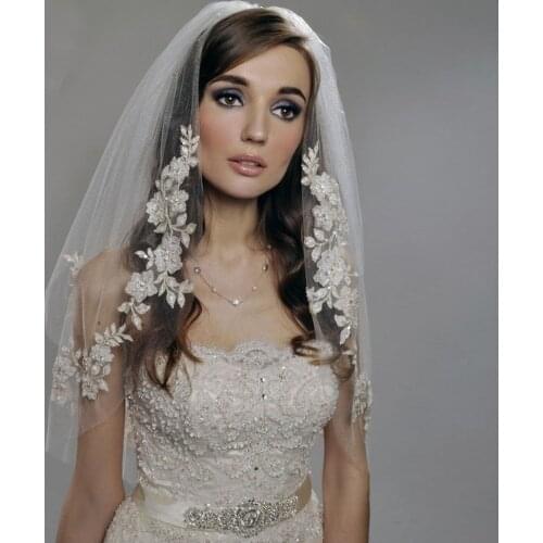 White/Ivory Short Veil Elbow Length 75cm Two Layers Appliques Wedding Veil with Pearls Beading Bridal Veil New
