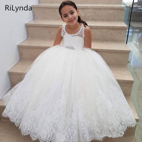 White Flower girl dresses Kids Pageant Birthday Formal Party Lace Long Dress Bowknot First Communion Dress Prom Gown 2-14Y