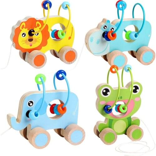 Childrens Cartoon Animal Learn To Walk Drag Toy Small Round Bead Trailer Wooden Round Bead Montessori Educational Trailer Toy