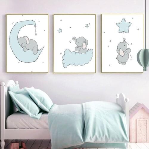 Baby Elephant Moon Star Cloud Wall Art Canvas Painting Blue Nordic Posters And Prints Cartoon Wall Pictures For Kids Room Decor