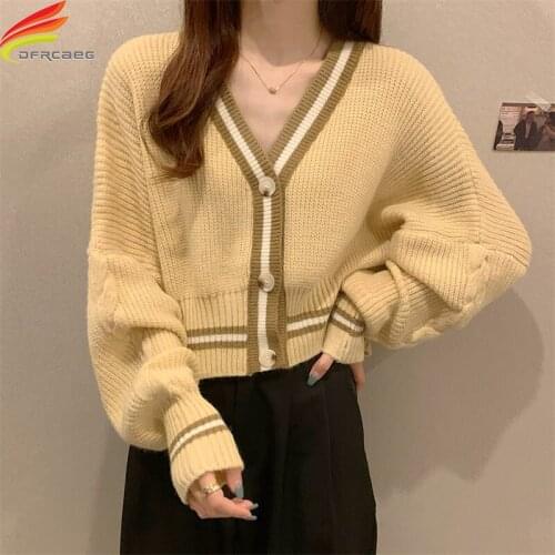 New 2021 Autumn Winter Womens Sweaters V-Neck Blue Or Yellow Cardigan Long Sleeve Top Korean Fashion Knitwear Women Outwear