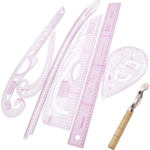 7Pcs/Set Ruler Tailor Measuring Kit Clear Sewing Drawing Ruler Yardstick Sleeve Arm French Curve Set Cutting Ruler Paddle Wheel