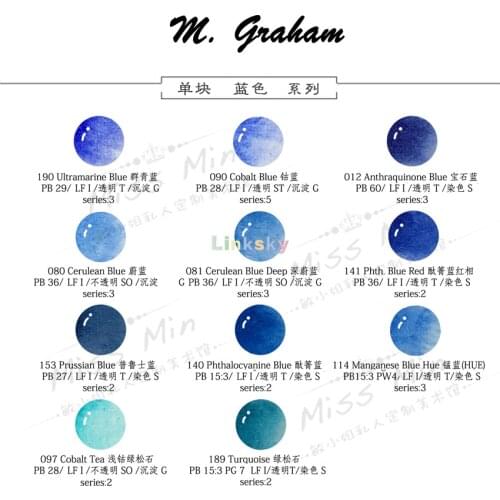 M.Graham blue Series Watercolor Pigment Self Selected Single Block 1ml 2ml, beautiful, even washes, Artist Quality Watercolor