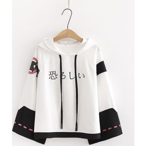 Harajuku Kawaii Women Anime Hooded Sweetshirts Girls Casual Cropped Korean Japanese Halloween Patchwork Hoodies Sweatshirt