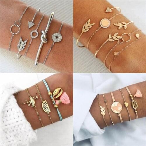 Modyle Women Fashion Crystal Leaves Geometric Chain Gold Silver Color Bracelet Set Bohemian Vintage Jewelry