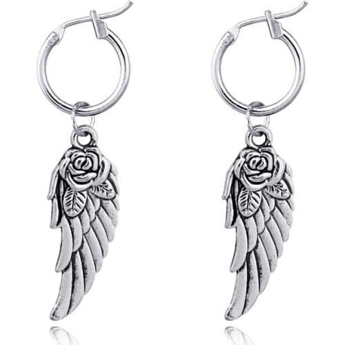 1 Pair European New Creative Rose Angel Wing Small Hoop Earrings Pendants Personality Metal Color Earrings Jewelry E335-T2