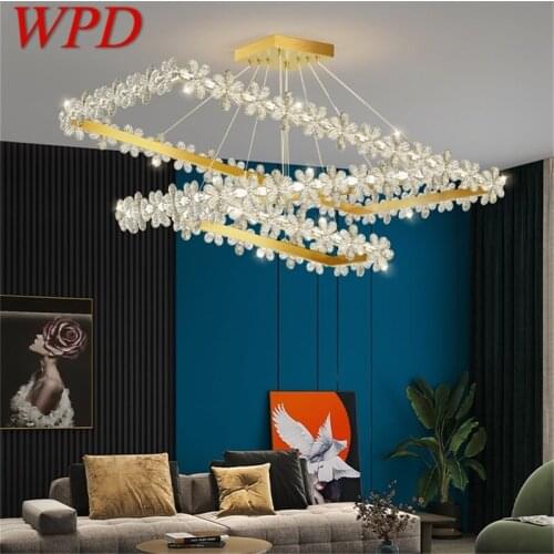 WPD Luxury Chandeliers Modern Gold Light Rectangle Crystal LED Brass Pendant Lamp Home Fixture for Living Room