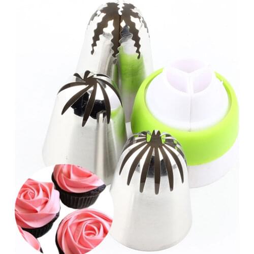 Rose 3 Pcs Big Size Cream Icing Nozzles Stainless Steel Russian Piping Tips Cupcake Cake Baking Tools And 1Pcs Coupler