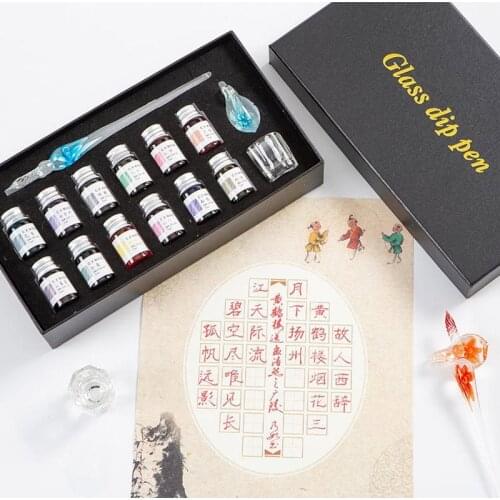 3/7/15 Pcs 3D Flower Dip Pen Crystal Glass Pen Set 7ML Colorful Ink Gifts Box For Writing Drawing School Art Stationery