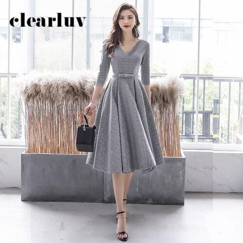 Silver Gray Prom Dress DR309 Shiny Sequin Vestidos De Fiesta V-Neck Three Quarter Sleeve Formal Gowns A-Line Women Party Dress