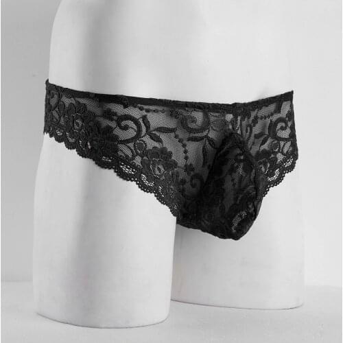 ChicTry Sexy Mens Thong Panties Gay Mens Underwear Thong Mesh Sheer Underwear Lace Floral Bulge Pouch Low Rise Bikini Briefs