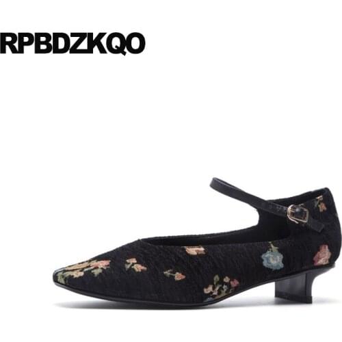 Flower black designer pumps chunky thick suede china sheepskin shoes women block low heels 2019 pink genuine leather square toe