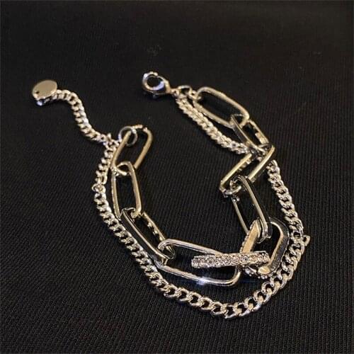 Punk Hip Hop Bling Rhinestone Chunky Cuban Chain Bracelet for Women Gold Wide Curb Link Double Layered Charm Bracelets Jewellery