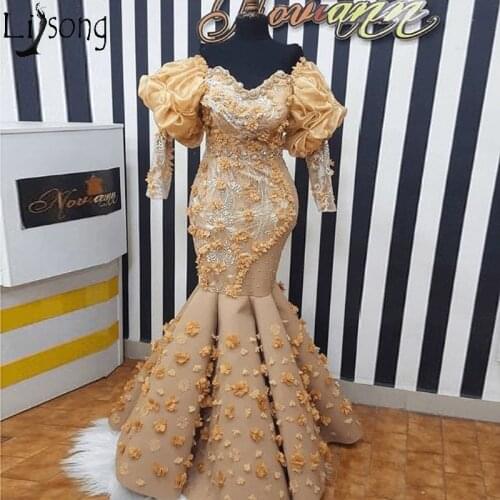 African Gold Mermaid Evening Dresses Handmade 3D Flowers Off Shoulder 3/4 Long Sleeves Prom Dress Plus Size Women Formal Gowns