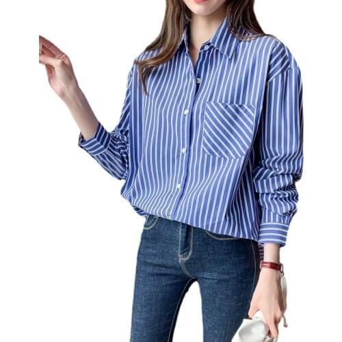 2021 Spring-Autumn Blue Vertical Striped Shirt Womens Wild Long Sleeve Lapel Big Pocket Out Wear cotton Bottoming Shirt Loose
