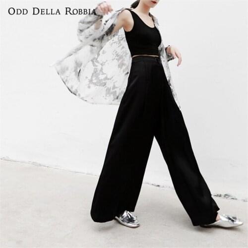 OddDellaRobbia Casual Pants Women 2021 New Temperament High-Waisted Satin Floor Black Mopping Wide-Leg Pants Hakama 1041