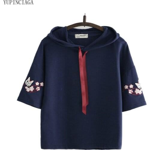 Harajuku Hoodies Women Plum Blossom Kawaii Cat Embroidery Japan Style 2021 Summer New Cotton Hooded Short Sleeved Sweatshirt