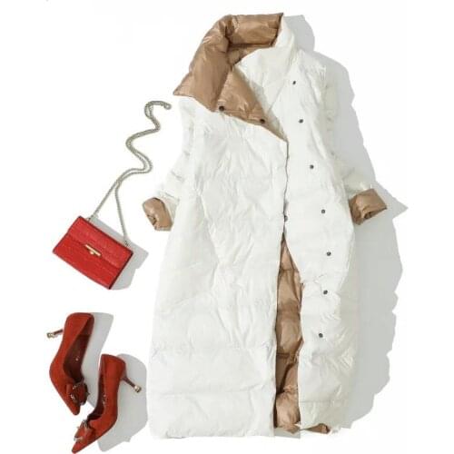 2020 Women Double Sided Down Long Jacket Winter Turtleneck White Duck Down Coat Double Breasted Warm Parkas Snow Outwear