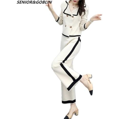 Women Two Piece Set 2020 Spring Double-breasted Knitted Cardigan Top+Ankle-length Wide Leg Pants Casual Knit Sweater 2pcs Sets