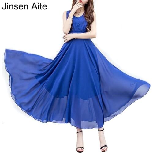 Jinsen Aite Plus Size S-5XL Womens Summer Chiffon Bohemian Dress Slim Elegant Sleeveless Maxi Dresses Beach Long Vestidos JS198