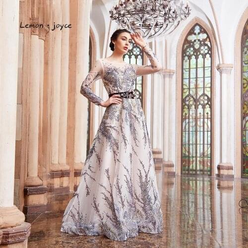 Lemon joyce Muslim Evening Dress Long Sleeves 2020 Luxury O-neck Appliques Dubai Evening Gowns Plus Size