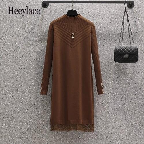 Plus Size Women Autumn Winter Long Sleeve Knitted Sweater Dresses For Women thicken lace Patchwork Vestido de fiesta 4XL Dresses