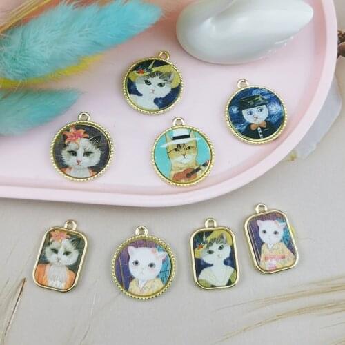 10pcs 16pcs /pack Metal Cabochon Wear Hat Cats Charms Pendant For Earrings Bracelet DIY Jewelry Handmade Accessory Golden Base