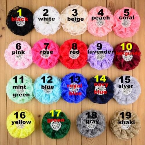 19pcs/lot 9cm Beautiful Ruffled Lace Flower with Rhinestone and Artificial Pearl for Headband Hair Accessories TH201