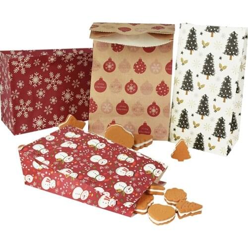 5pcs Santa Claus Snowflake Kraft Paper Cookie Candy Bags Merry Christmas Gift Bags For New Year Xmas Party Gifts Pakcing Pouchs