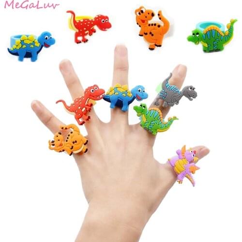 6Pcs/lot Colorful Soft Rubber Cute Cartoon Dinosaur Ring Dinosaur Party Kids Birthday Decoration Jungle Animal Party Favors
