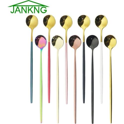 6Pcs Rainbow Long Hangdle Spoon For Polished Stirring Drink Dessert Ice Cream Spoon Cutlery Flatware Steainless Steel Tableware