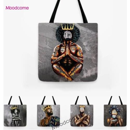 Abstract Black African King Queen Oil Painting Art Grocery Handbag Water Resistant Cotton Linen Fashion Girl Shopping Tote Bag