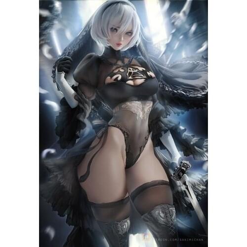 Black and White Dress Nier 2B Canvas Paintings Custom Cartoon Sexy Game Girls Posters and Prints Wall Pictures for Bedroom Decor