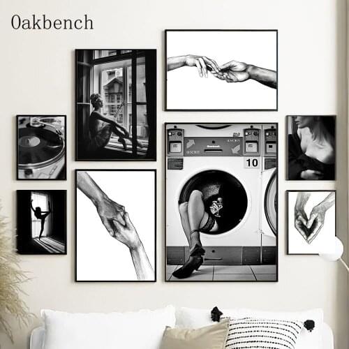 Black And White Poster Hand In Hand Canvas Painting Sexy Woman Art Posters Record Player Print Nordic Wall Pictures Home Decor