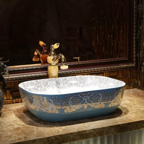 Jingdezhen Blue glaze flower factory sales art hand-painted ceramic wash basin bathroom sink