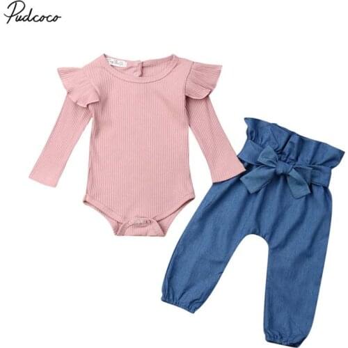 2019 Baby Autumn Winter Clothing Newborn Baby Girls Solid Clothes Long Sleeve Ribbed Romper Long Pants Leggings 2PCs Sets Outfit