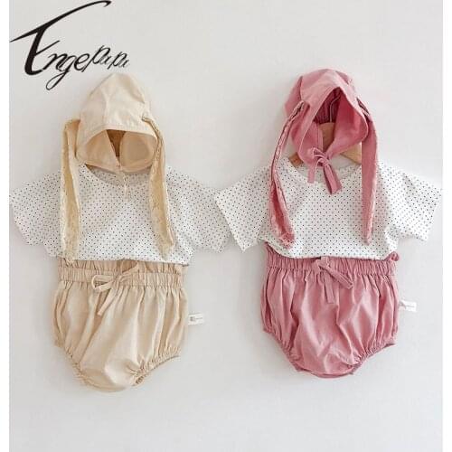 Engepapa Korean Style Toddler Girls Clothing Sets Dot Short Sleeve Top+Bread Pants+Rabbit Ear Cap Baby Girls Clothes Set