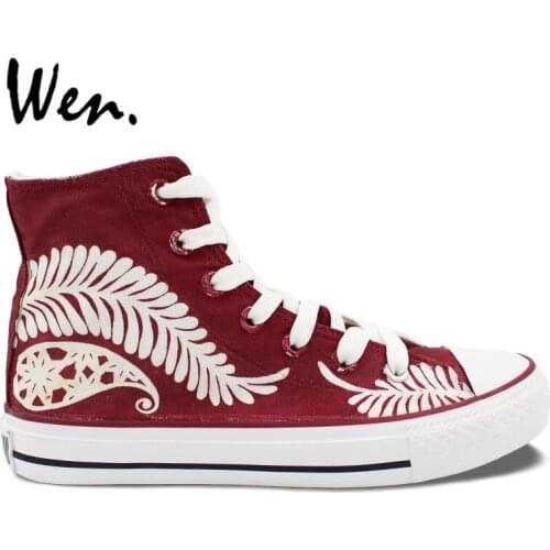 Wen Red Hand Painted Shoes Original Design Custom Christmas Feather Men Womens High Top Canvas Sneakers for Gifts